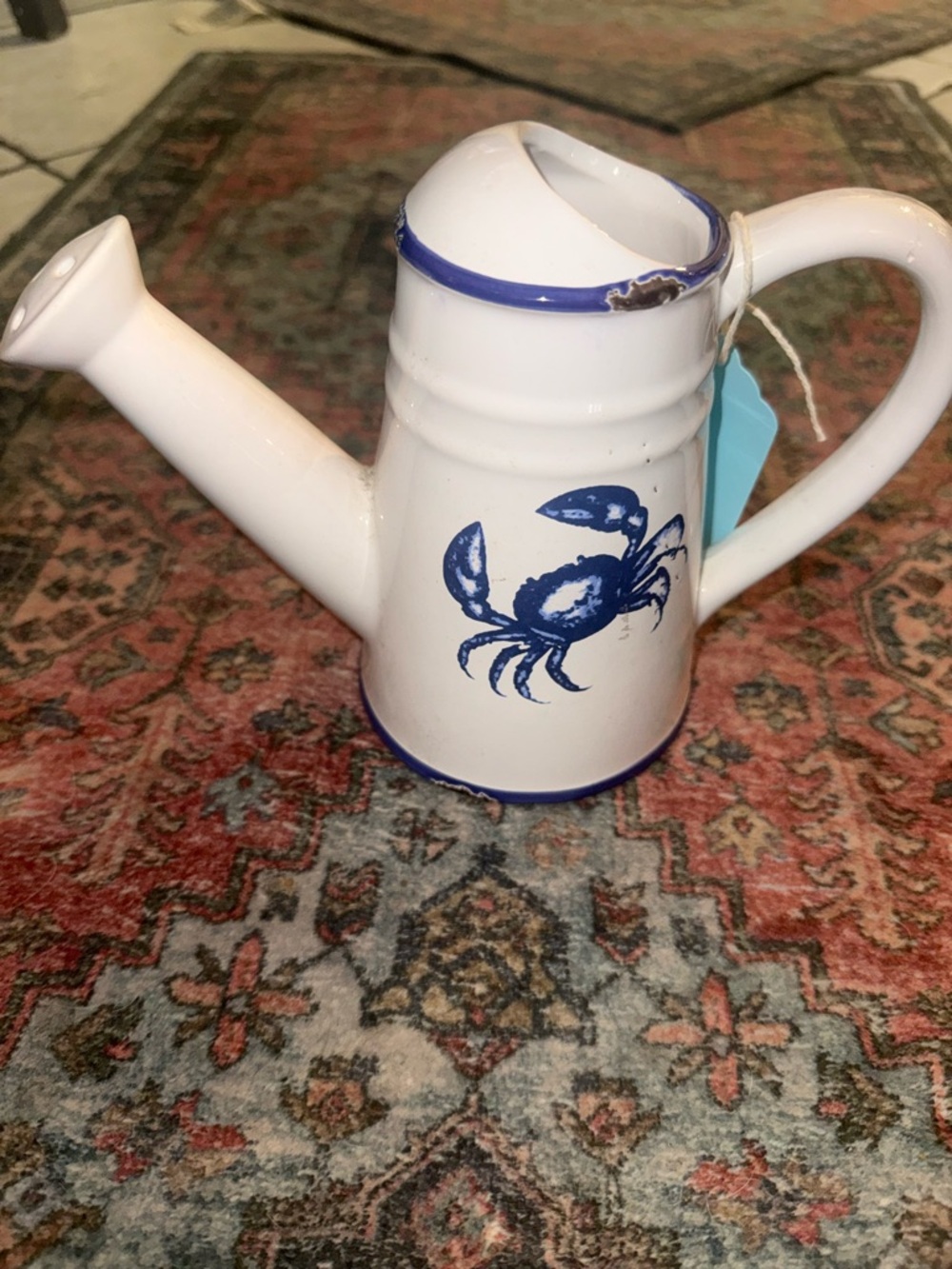 White Ceramic Watering Can with Blue Crab Motif